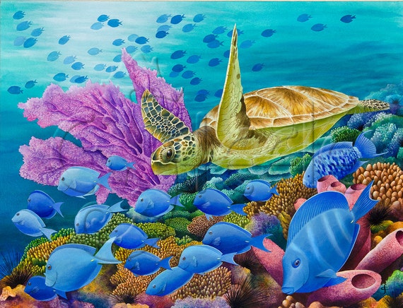 Underwater tropical Caribbean coral reef art print with sea