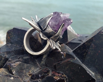 Rustic Primitive Amethyst Ring. Artisan Sterling Silver Ring. Thorny Rose. Bohemian, Boho, Organic, Statement Ring, Metalwork.