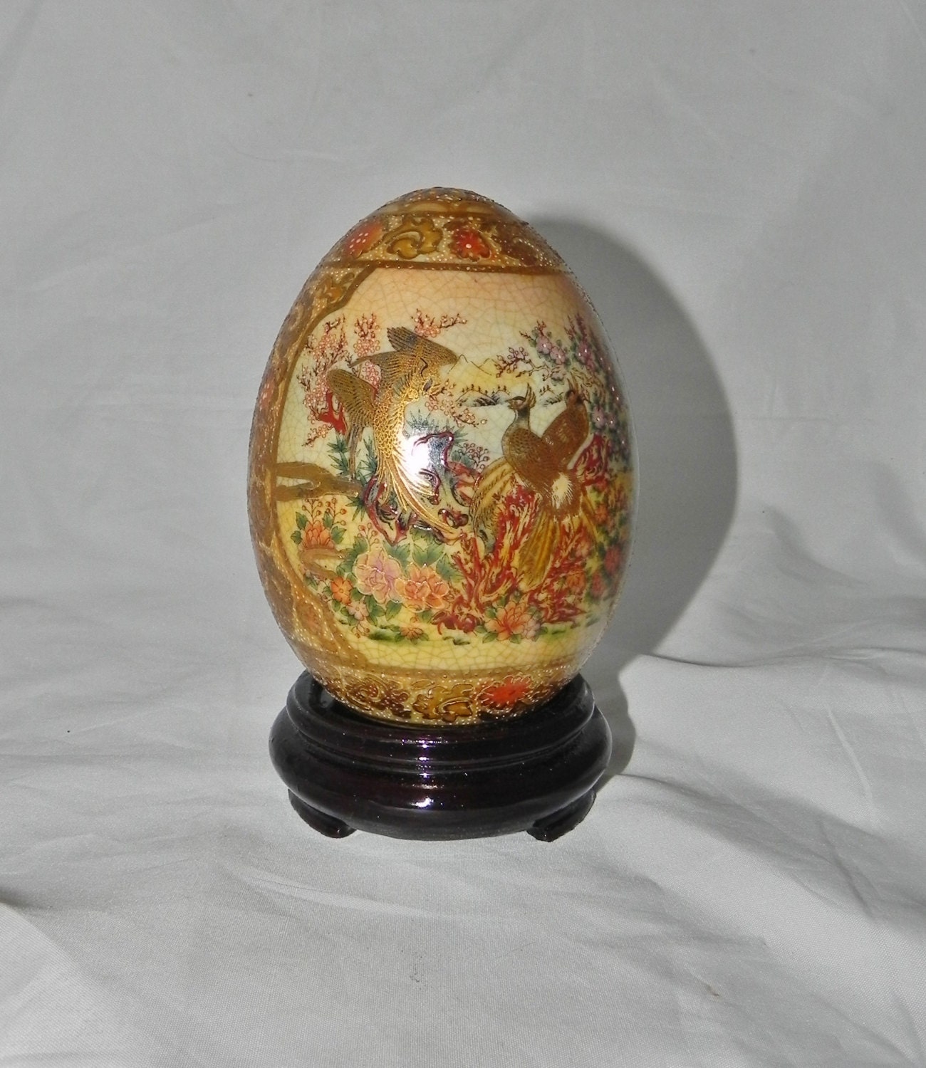 Japanese Porcelain Satsuma Egg Phoenix Pheasant Firebirds