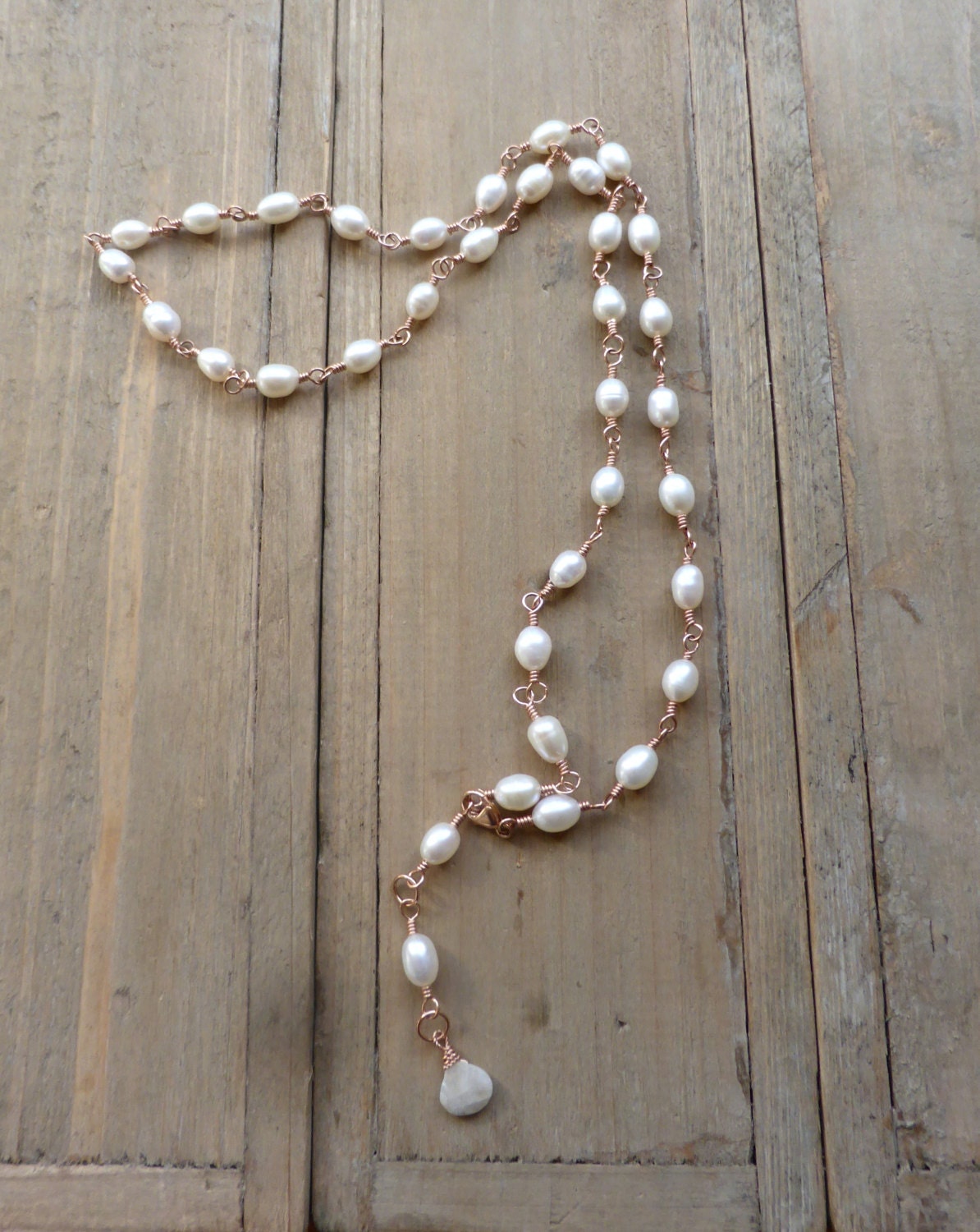 14K Rose Gold Pearl Rosary Necklace