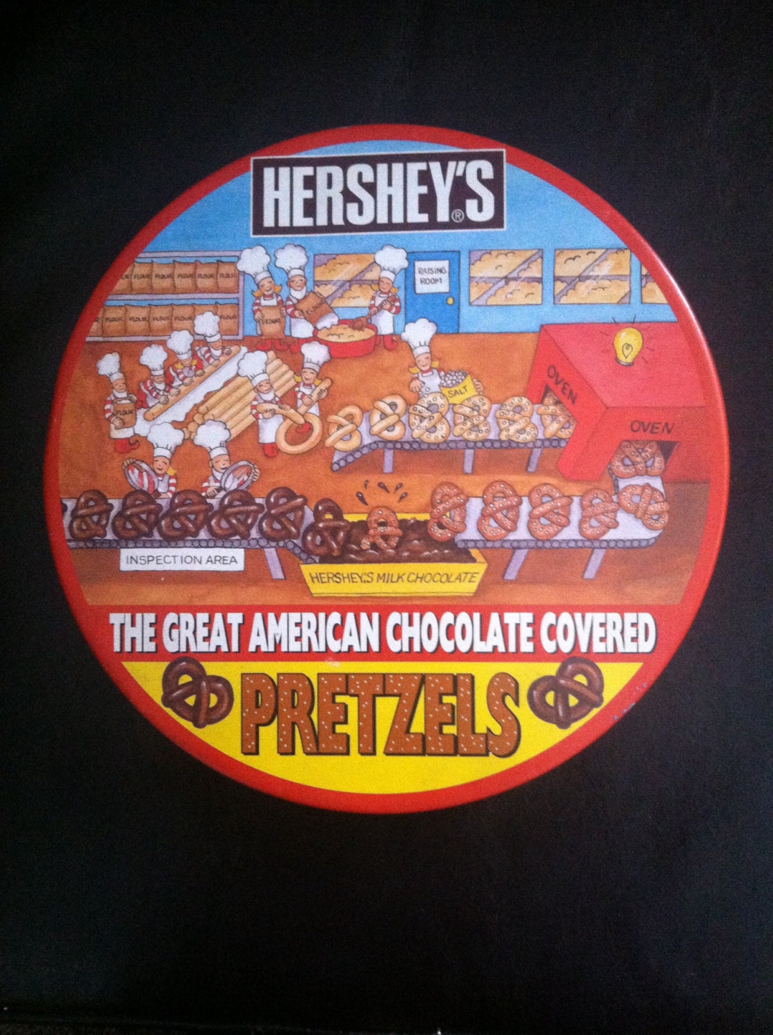 Vintage HERSHEY’S Hershey chocolate pretzels factory assembly line bakers baking covered tin
