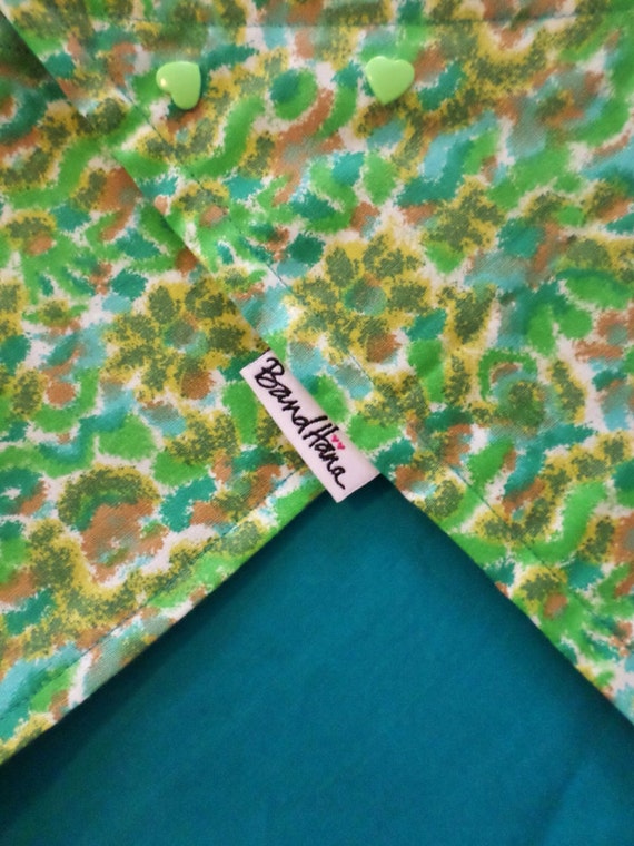 Serious Spring:Vintage Abstract Yellow, Gold, Green Print on Aqua Blue Cotton Solid Reversible Bandana with Stash Pocket by BandHäna