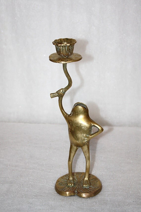 Items similar to Vintage Solid Brass Frog, Holding a Candle Holder on a