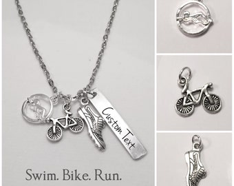 Triathlon Necklace, Ironman Triathlon, Triathlon Jewelry, Personalized Triathlon Necklace, Ironman Triathlon Gifts, Swim Bike Run Gifts 70.3