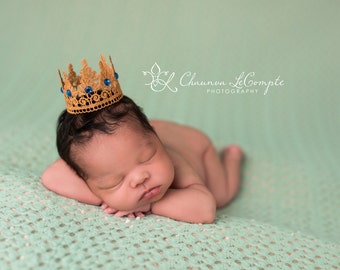 Little Prince Golden King Crown Golden Lace Crown Royal Blue Gold Crown Newborn Boy Photo Prop Baby Boy Crown