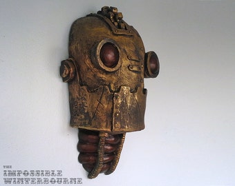 SteamBot Sculpture - Tarnished Gold Robot, steampunk artwork, steampunk c3-po, iron giant, ironman, space invader, galactic robot
