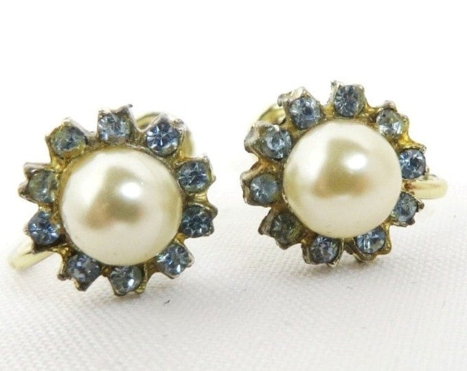 Vintage Faux Pearl Rhinestone Earrings, Silver Tone Screw Back Earrings Bridal Jewelry, Gift for Her