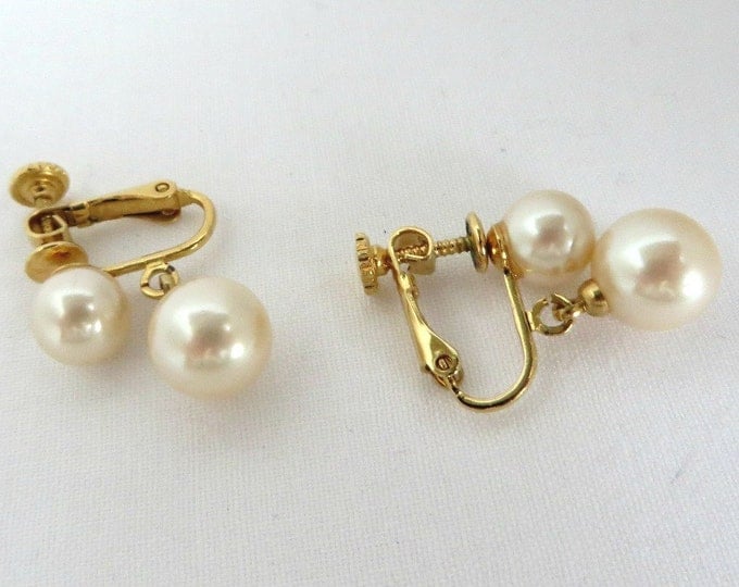 Marvella Pearl Earrings, Vintage Gold Tone Dangling Faux Pearl Clips, Bridal Jewelry