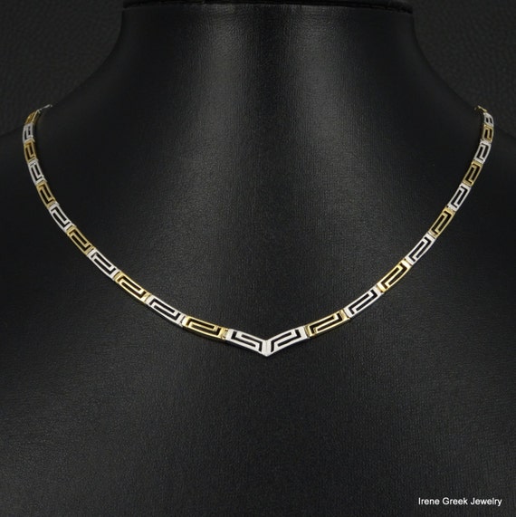 Greek Key Necklace 14K Solid Yellow & White Gold Greek