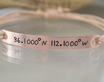 Coordinate Bracelet - Latitude Longitude Bracelet - Copper - Leather - Personalized Bracelet - Hand Stamped Jewelry by Pink Lemon Design