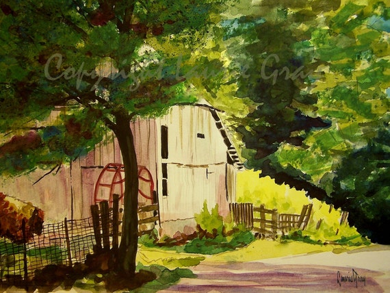 Barn Country Road Fence Original Watercolor Painting