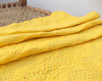 Yellow quilted bedspread, chevron pattern, zig zag quilting, cotton kantha quilt, 100% cotton, 60X90 inches