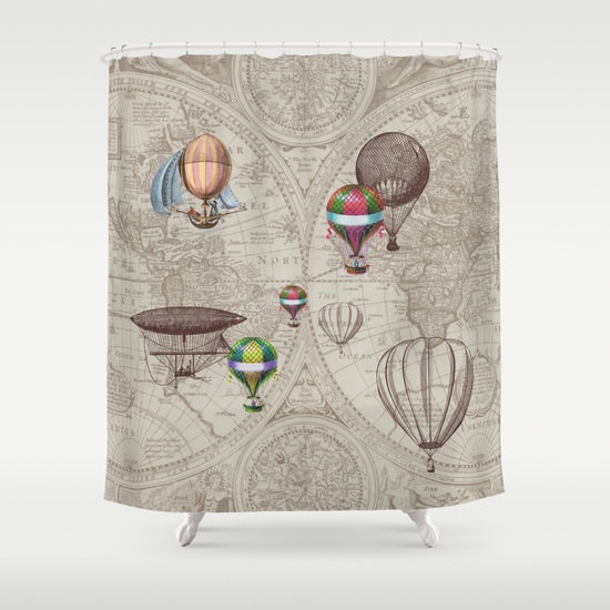 Hot Air Balloon Style Shower Curtain -"Balloon Festival" antique map - derigibles, retro Steampunk Home Decor Bathroom  travel  brown, beige