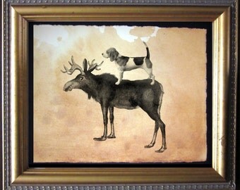 Beagle Dog Riding Moose - Vintage Collage Art Print on Tea Stained Paper - Vintage Art Print - Vintage Paper