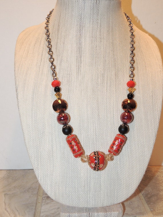 Items similar to Funky Chunky Reds and Blacks, beaded Necklace with ...