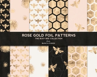Busy Bee Rose Gold Foil Digital Papers on Rich Black, Shell Pink and Pale Sand Backgrounds