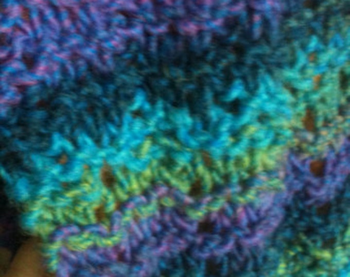 hand knit blue, green, yellow & purple scarf