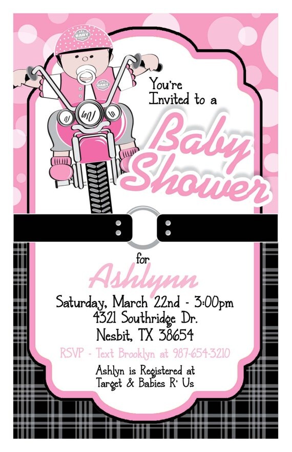 Custom Baby Girl on Motorcycle Baby Shower Invitation in Pink