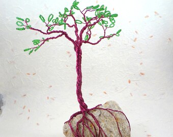 Wire Tree of Life Sculpture on Rock Base with Green Seed Beads Leaves and Purple Wire by PassionInAction
