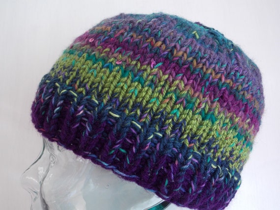 Purple beanie 50 52 cm large with stripes handknit in all