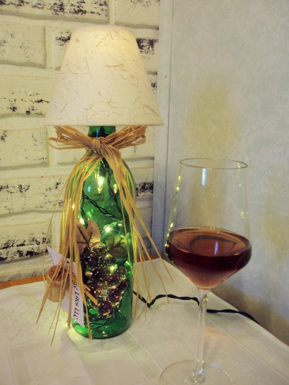 Green lighted wine bottle lamp with shade by VintageLitesLLC