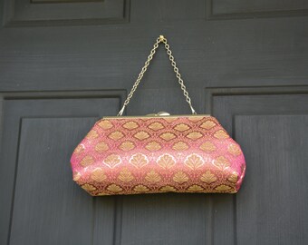 wedding clutch, evening clutch,gold and pink brocade clutch