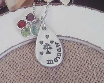 Hand Stamped Jewelry-Personalized necklace-Hand Stamped Pewter Necklace-Pewter Teardrop-memaw Necklace-memaw Tree Necklace