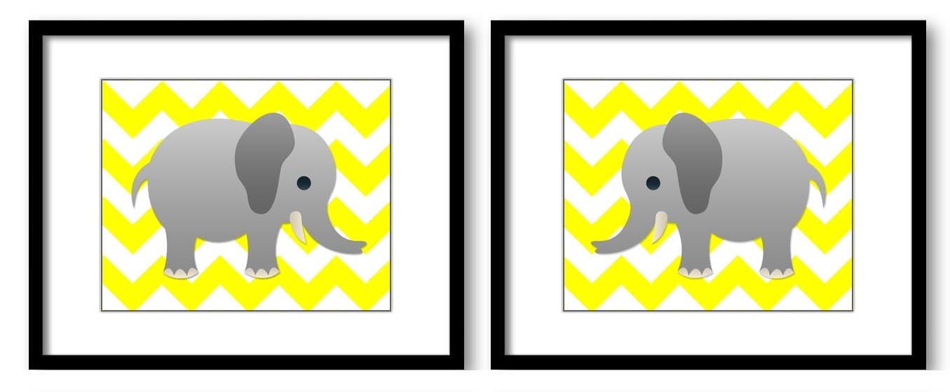 Bright Yellow Grey Chevron Gray Elephant Nursery Art Nursery Print Set of 2 Elephants Child Art Prin