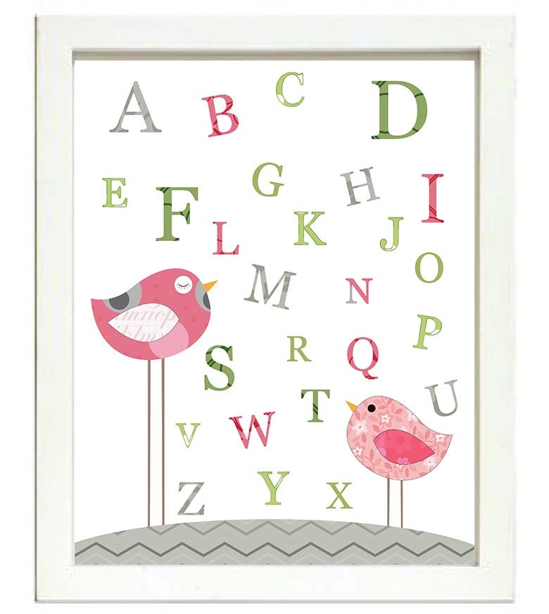 Bird Nursery Art Alphabet ABC Nursery Print Baby Art Animal Birds Chick Green Pink Grey Gray Green P