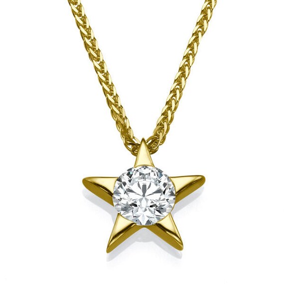 Diamond Star Pendant Necklace 14K Gold Necklace 0.3 CT