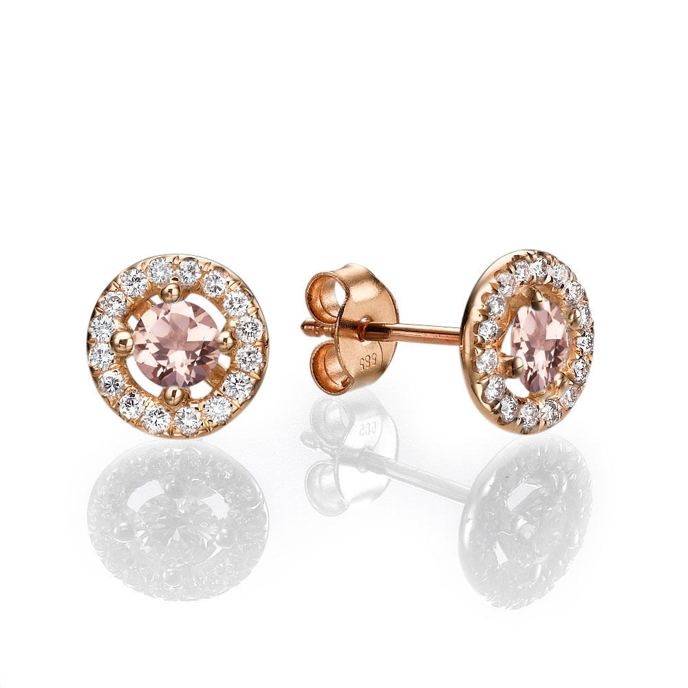 Classic Morganite & Diamonds Stud Earrings 14K Rose Gold