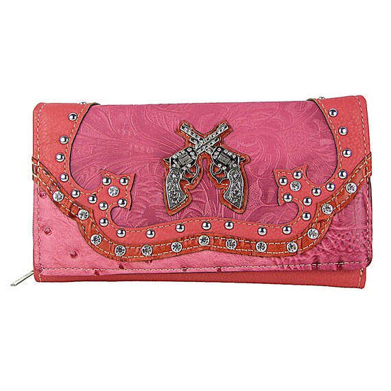 hot pink studded rhinestone distressed pistol look checkbook wallet ...