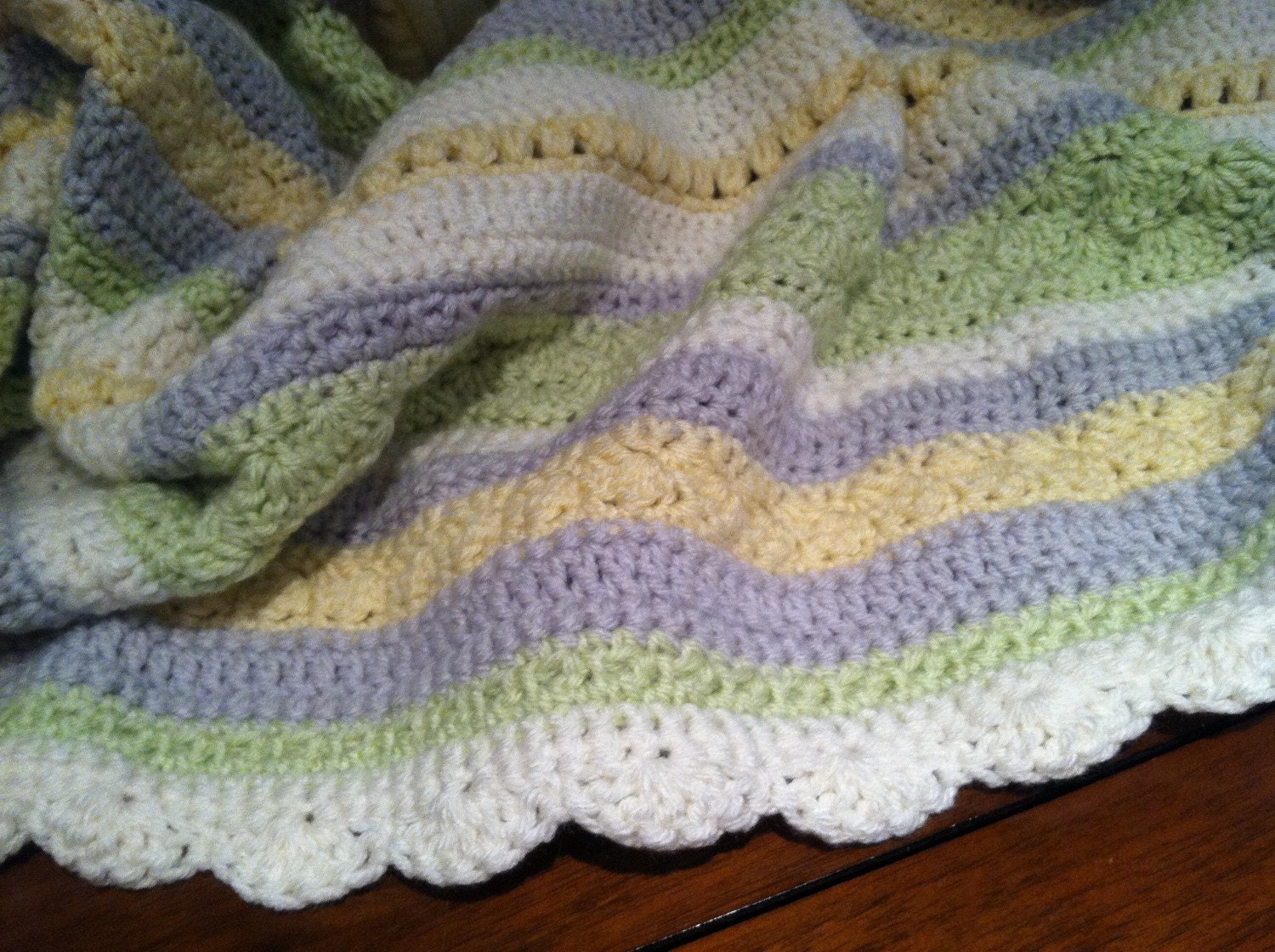 Yellow Mint Green Grey & Cream Striped Crochet Baby Blanket