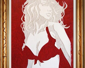 Original Art , Female Figure in Mixed Media (handmade paper on paper) "CRIMSON" by Marcy Ann Villafaña