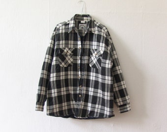 Vintage flannel jacket, men quilted jacket, blue white checked jacket, padded jacket