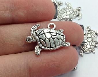 10 Sea Turtle Charms, Silver Turtle Charms, Nautical Charms, Beach Charms (1-1152)