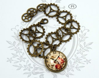 ONE PIECE. bracelet Victorian steampunk diesel punk gear mechanism clock, copper brass steel color, glass cabochon