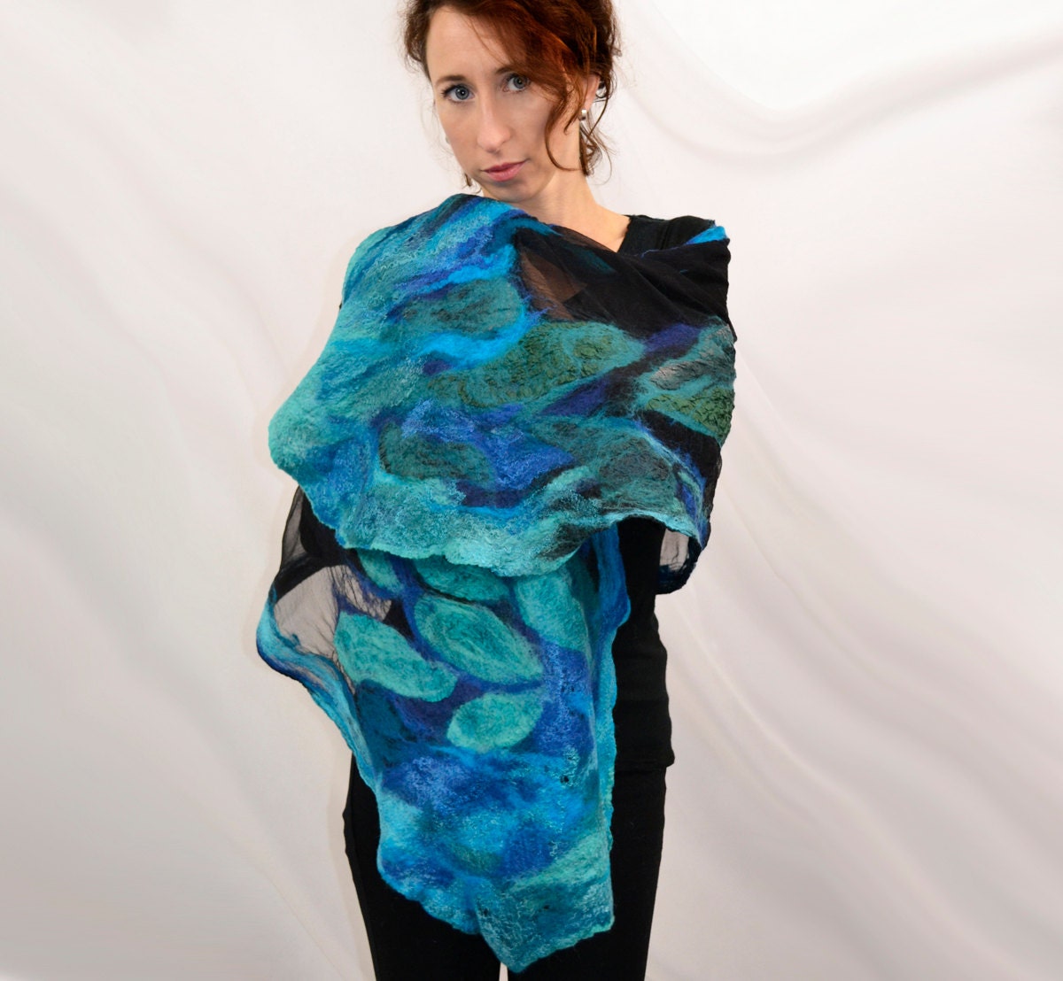 Large nuno felted silk shawl Fashion Designer Natural Silk
