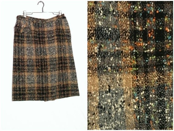 Tweed Pencil Skirt Vintage Plaid Brown Gray Tan Mayfair Women's Medium or Large - 30in waistband