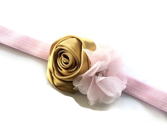 Light Pink and Gold Flower Headband - Pink Chiffon Flower and Gold Satin Rose Headband Photo Prop - Spring Headband - Easter Head Band