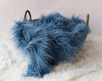 Smoky Blue Mongolian Faux Fur Prop, Newborn Baby Photo Prop, Fuzzy Layering Blanket.