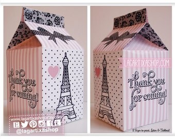 Paris Favor Box, Eiffel Tower Party, Baby Shower, Bridal Shower, Pink, Black Lace, Favour Milk Box Carton, Printables