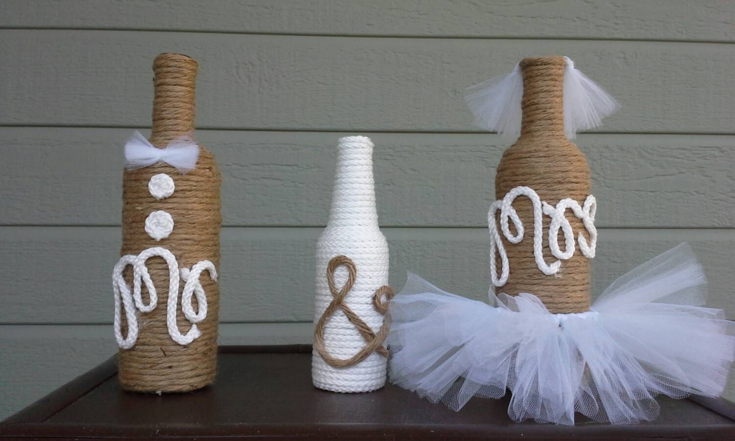 Mr. and Mrs. Wedding Bottle Decorations wrapped in jute and