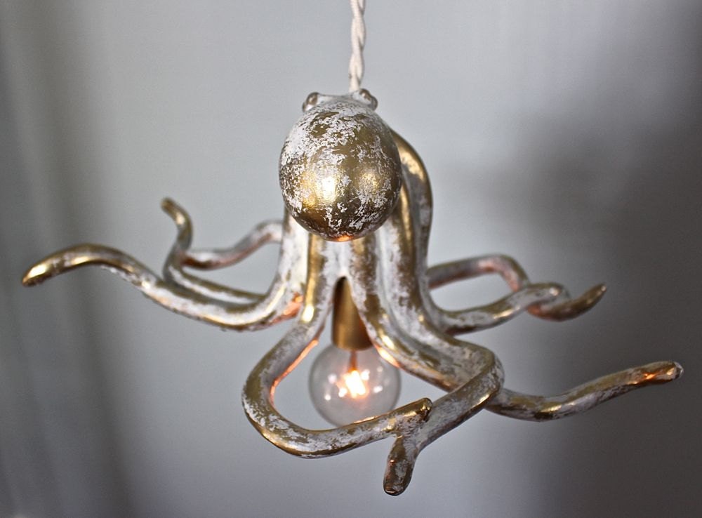 Octopus Beach Cottage Pendant Light Faux Taxidermy Gold White