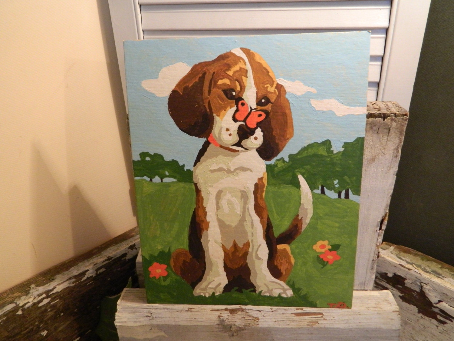 Vintage Paint By Number Dog With Butterfly on His Nose