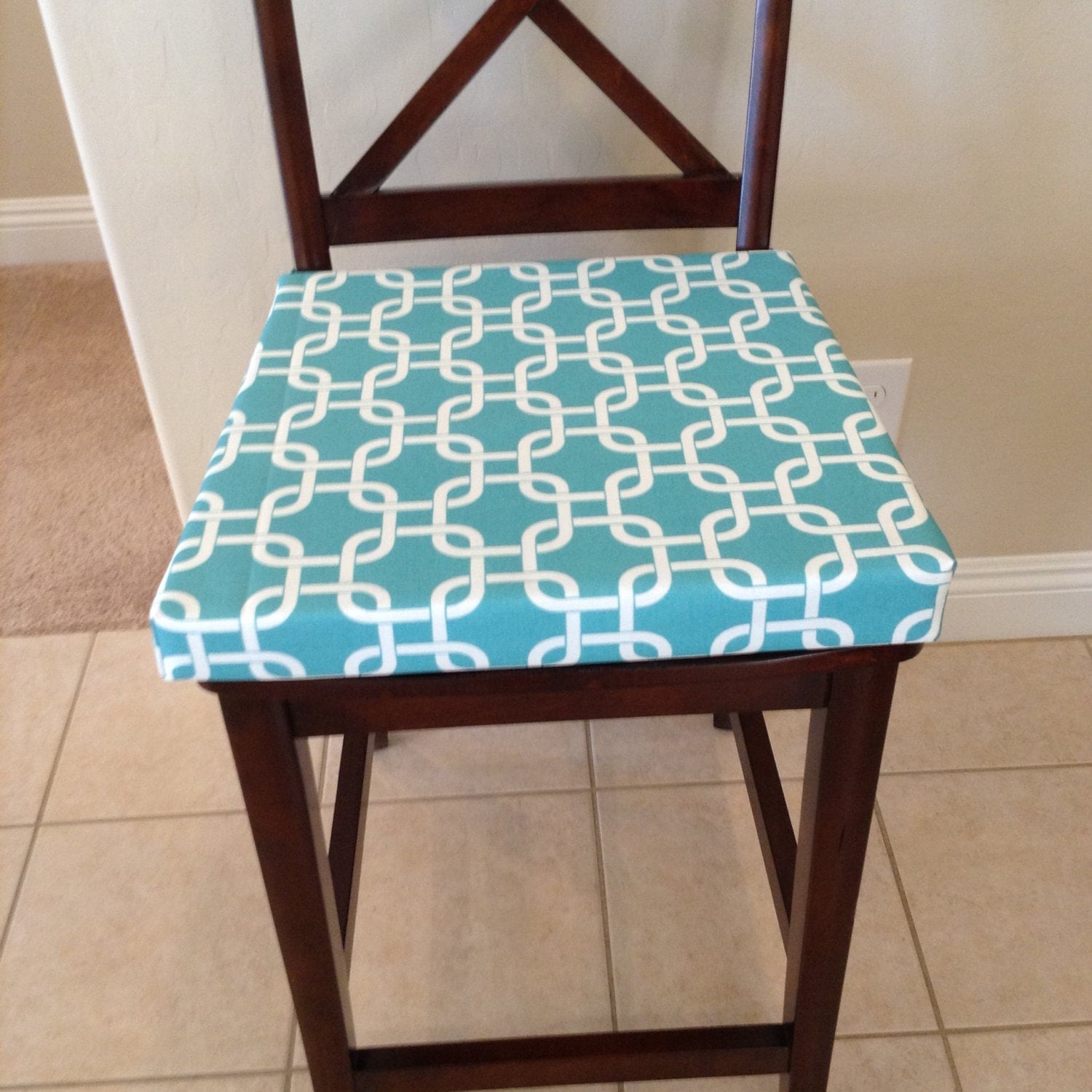 Teal and White Geometric Fabric Custom Chair Cushion Cover.