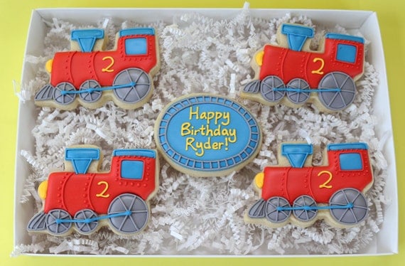 Train-themed birthday gift by JaclynsCookies on Etsy