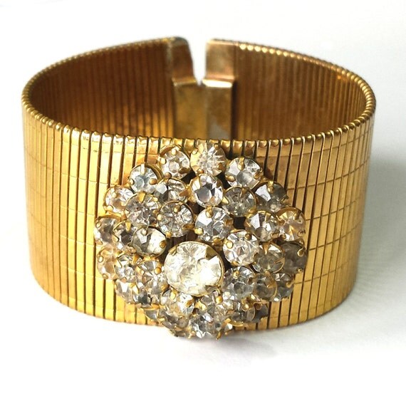 Rhinestone and Gold Tone Cuff Bracelet Vintage by TreasuredPlum