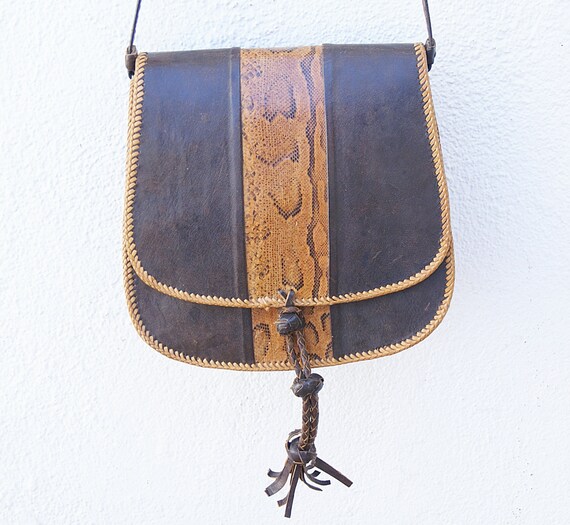 Handmade vintage genuine leather and snake skin bag by JustMorocco