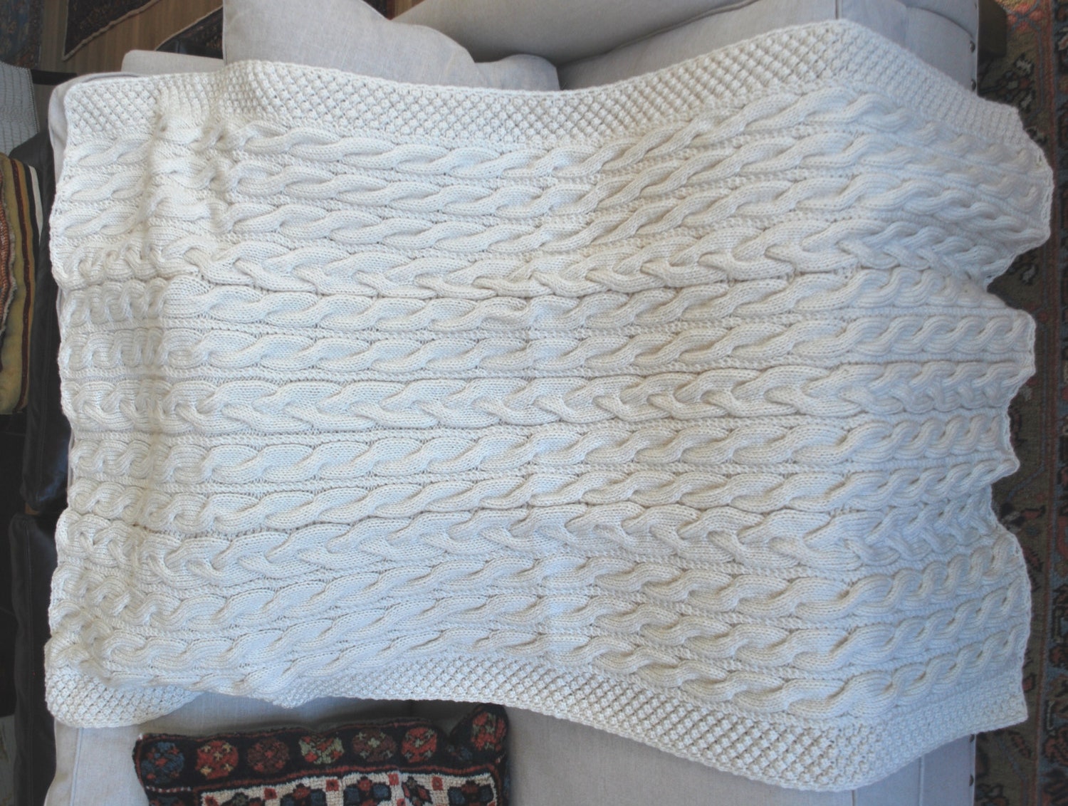 Hand Knit Irish Fisherman Pattern Afghan Throw